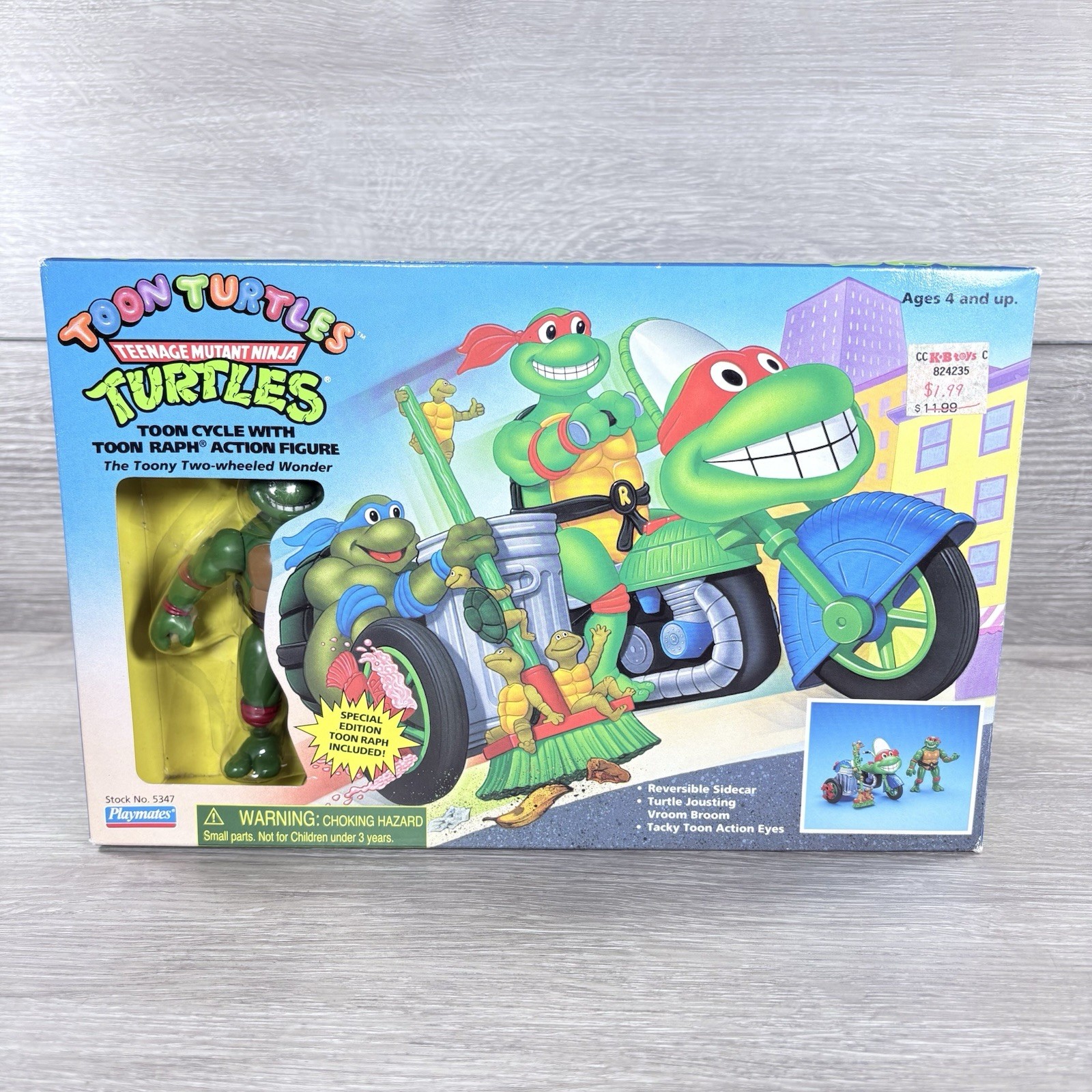 1992 Teenage Mutant Ninja Turtles TMNT TOON CYCLE con figure RAPH compagni di gioco