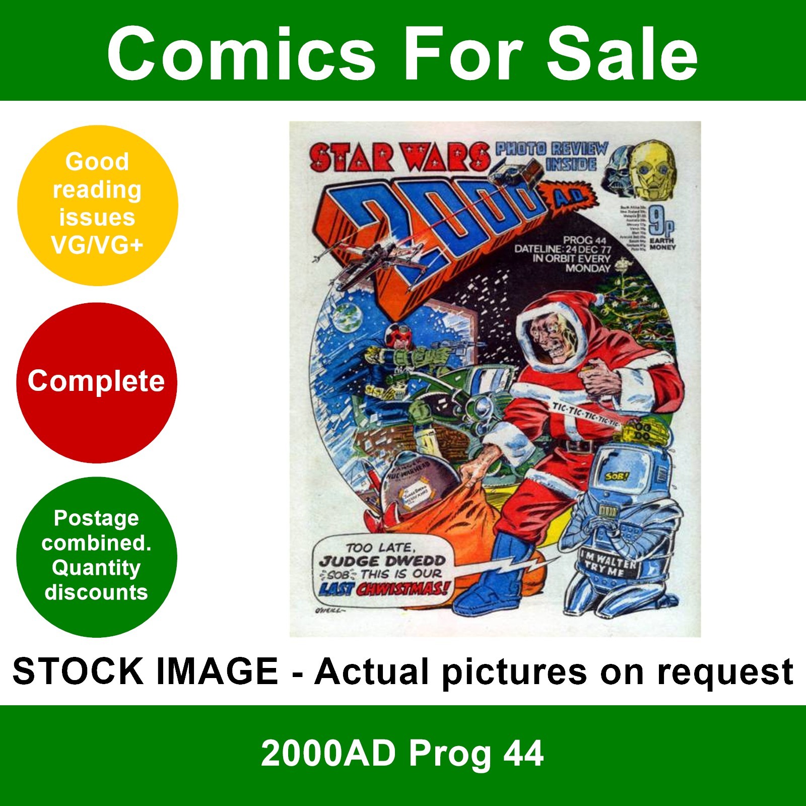 2000AD prog #44 comic - VG/VG+ - 1st XMAS cover Star Wars - 1977