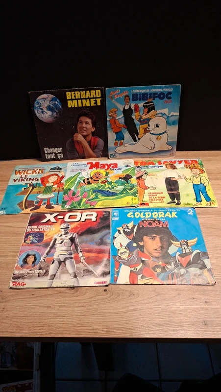 Lot 7 vinyles 45 tours génériques TV Goldorak X-Or Bibifoc Maya vintage
