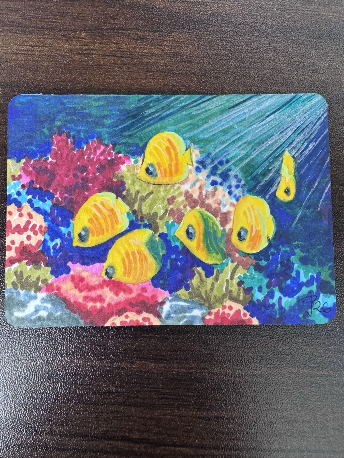 Marcatori acrilici e alcolici dipinti a mano barriera corallina leggera in argento. Jennifer Gubler ACEO