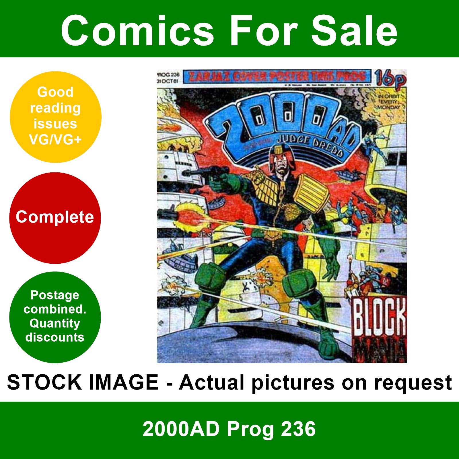 2000AD prog #236 comic - VG/VG+ - Brian Bolland cover - Oct 1981