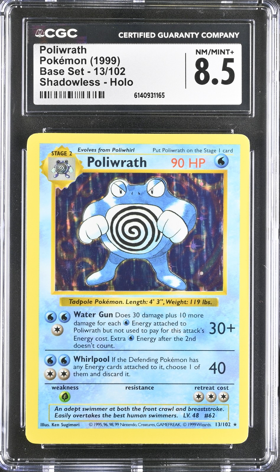 CGC 8.5 NM/MINT+ Poliwrath 13/102 Set Base Carta Pokemon Holo Senza Ombre