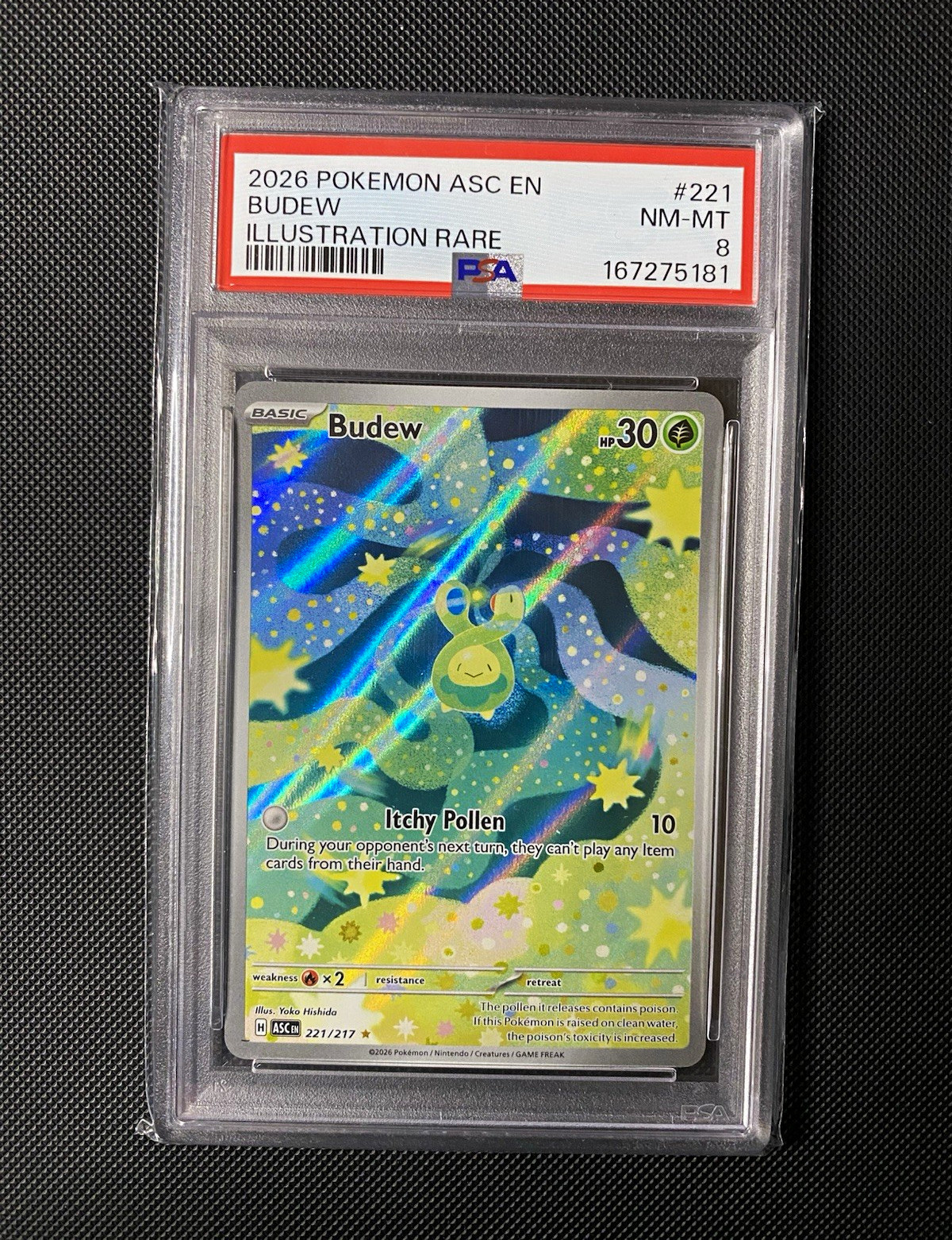 Pokemon TCG Ascended Heroes Budew 221/217 Illustration Rare Holo EN PSA 8