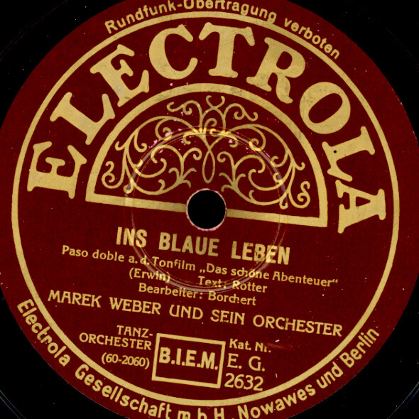 MAREK WEBER ORCHESTER In Blaue Leben / Du erinnerst mich.. Schellackplatte S1854