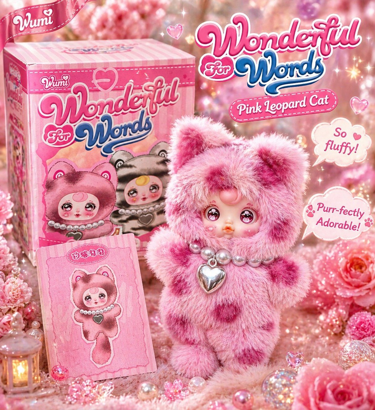 YUMI WONDERFUL FOR WORDS PINK LEOPARD CAT GUARANTEED PLUSH PENDANT DESIGNER TOY