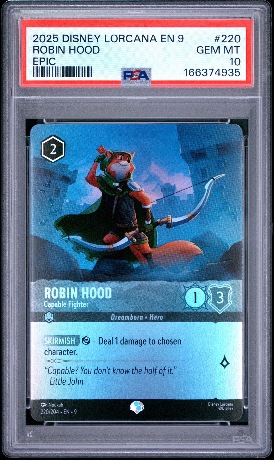 2025 DISNEY LORCANA EN 9-FABLED EPIC #220 ROBIN HOOD - CACCIA CAPACE PSA 10