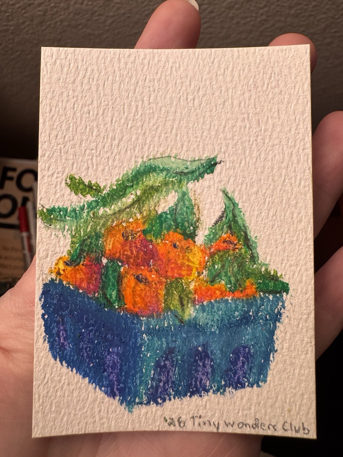 ACEO (Original) Whimsical Farmers Market Oranges Oil Pastel by TinyWondersClub