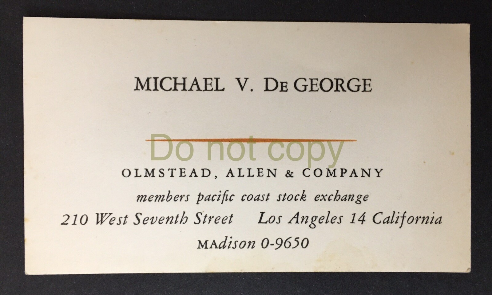Biglietto da visita vintage Pacific Coast Stock Exchange Los Angeles California De George