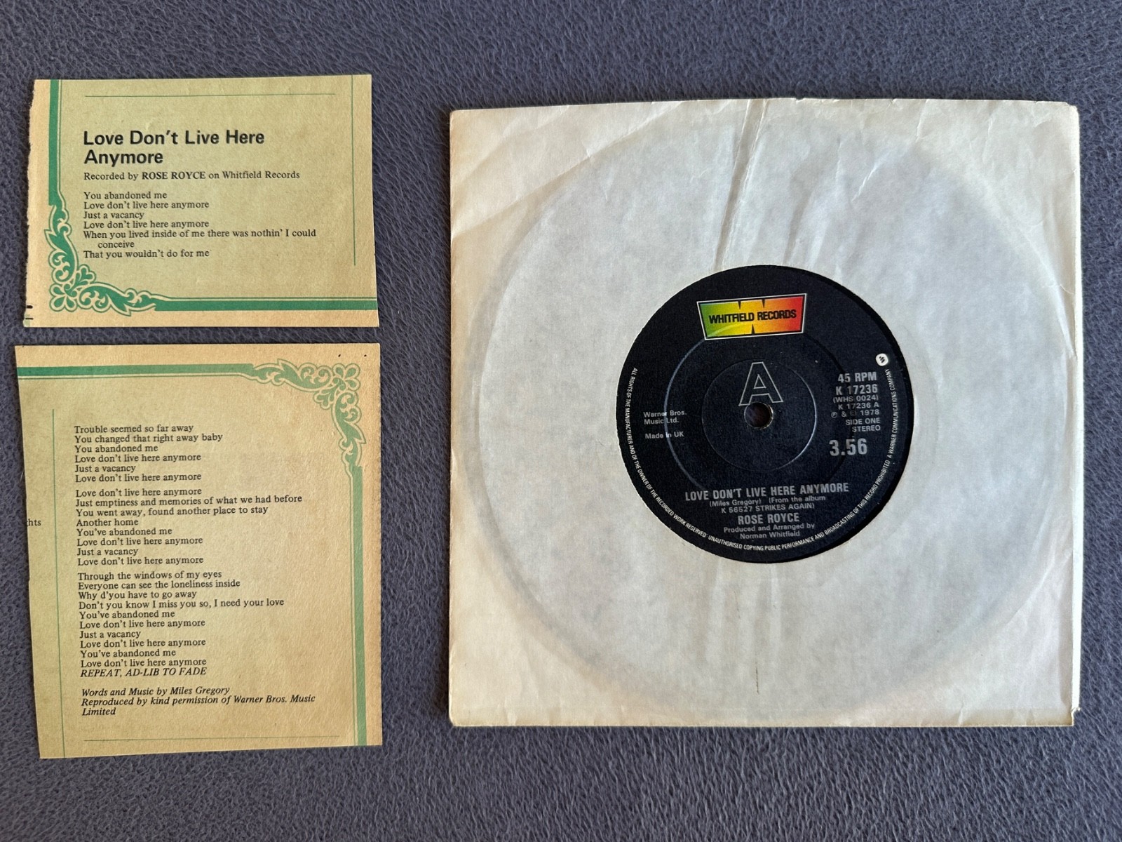 ROSE ROYCE Love Don't Live Here Anymore & Lyrics 1978 7" Vinyl Whitfield K17236