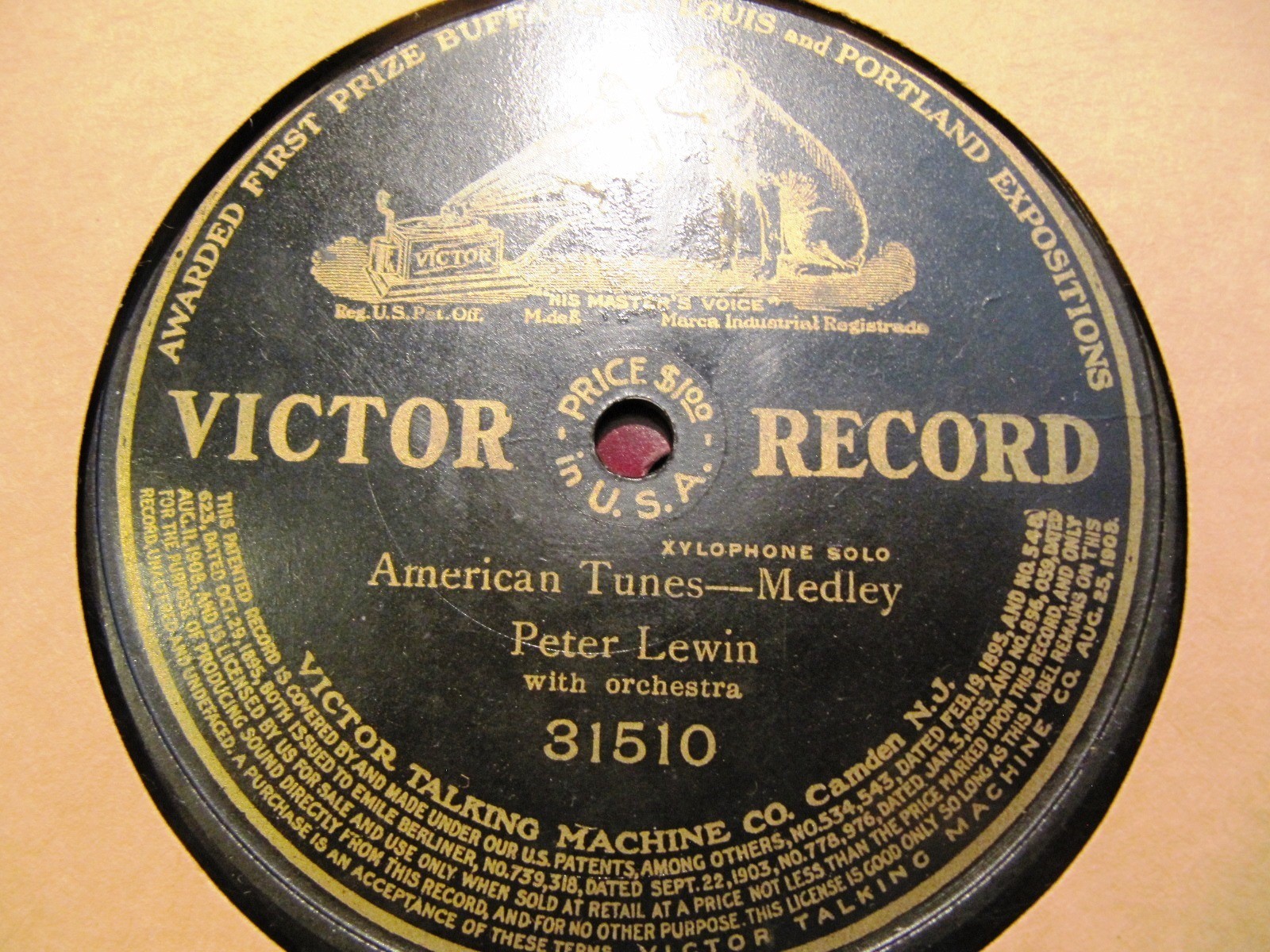1906 PETER LEWIN Xylophone AMERICAN TUNES Dixie Auld Lang Syne VICTOR 31510 _