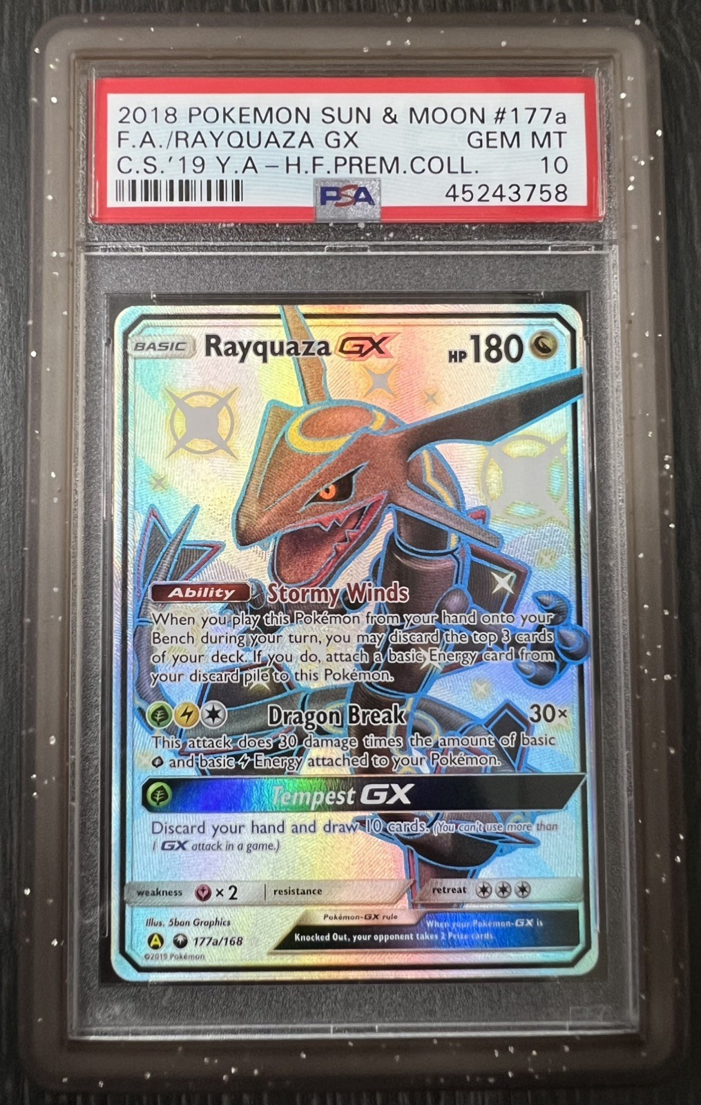 Pokemon Sole e Luna 2018 #177a FA/Rayquaza GX C.S.'19 Y.A-H.F. Prem Coll PSA 10