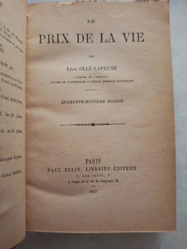 Essai philosophie spirituelle - RARE 1927 : Le prix de la vie - Leon Olle-Laprune Belin
