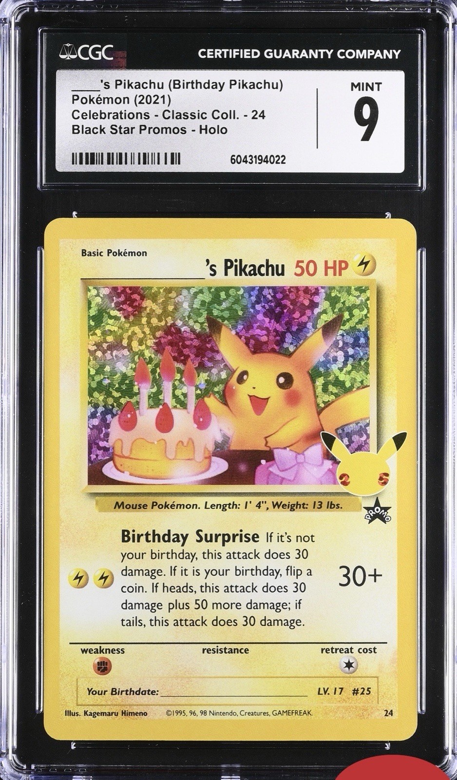CGC 9 Compleanno Pikachu #24 Celebrazioni Holo Nm Classico 25° Anniversario SwSh