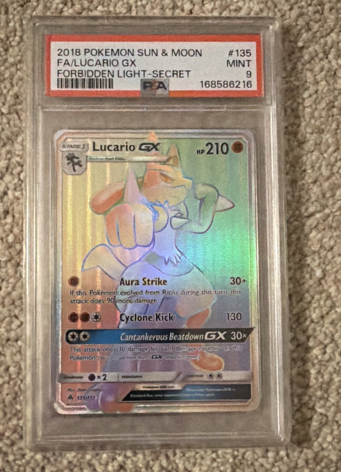 Lucario GX (Secret) 135/131 Sm-Forbidden Light Holo PSA 9