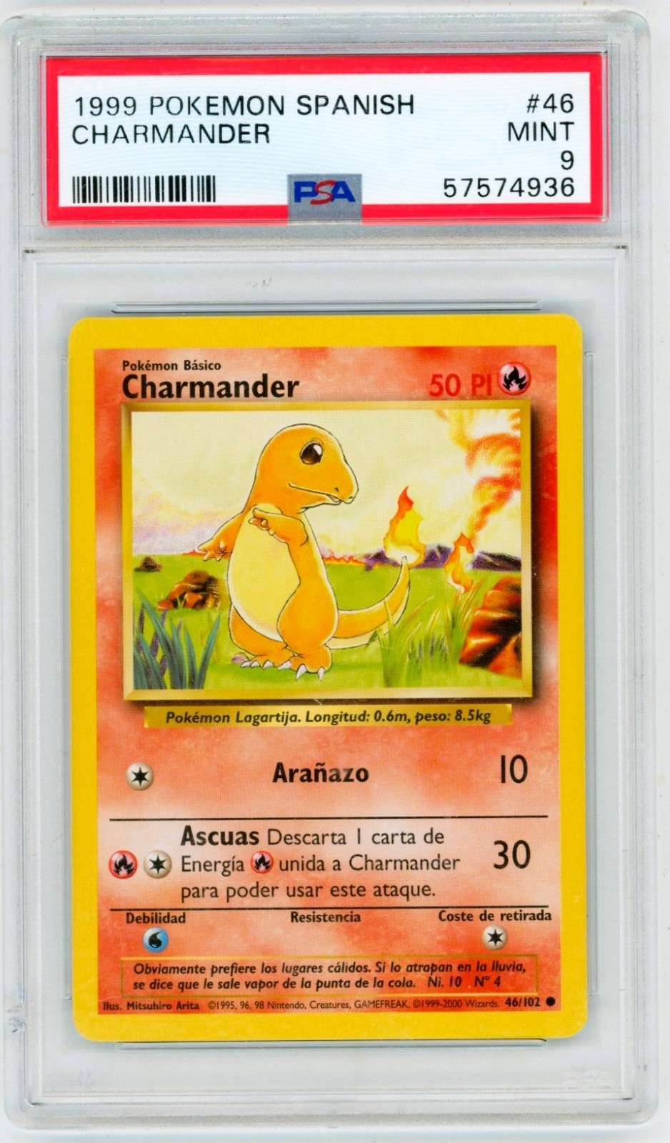 Pokemon 1999 SPAGNOLO Unlimited Set Base Charmander 46/102 PSA 9 come nuovo POP 33 #46