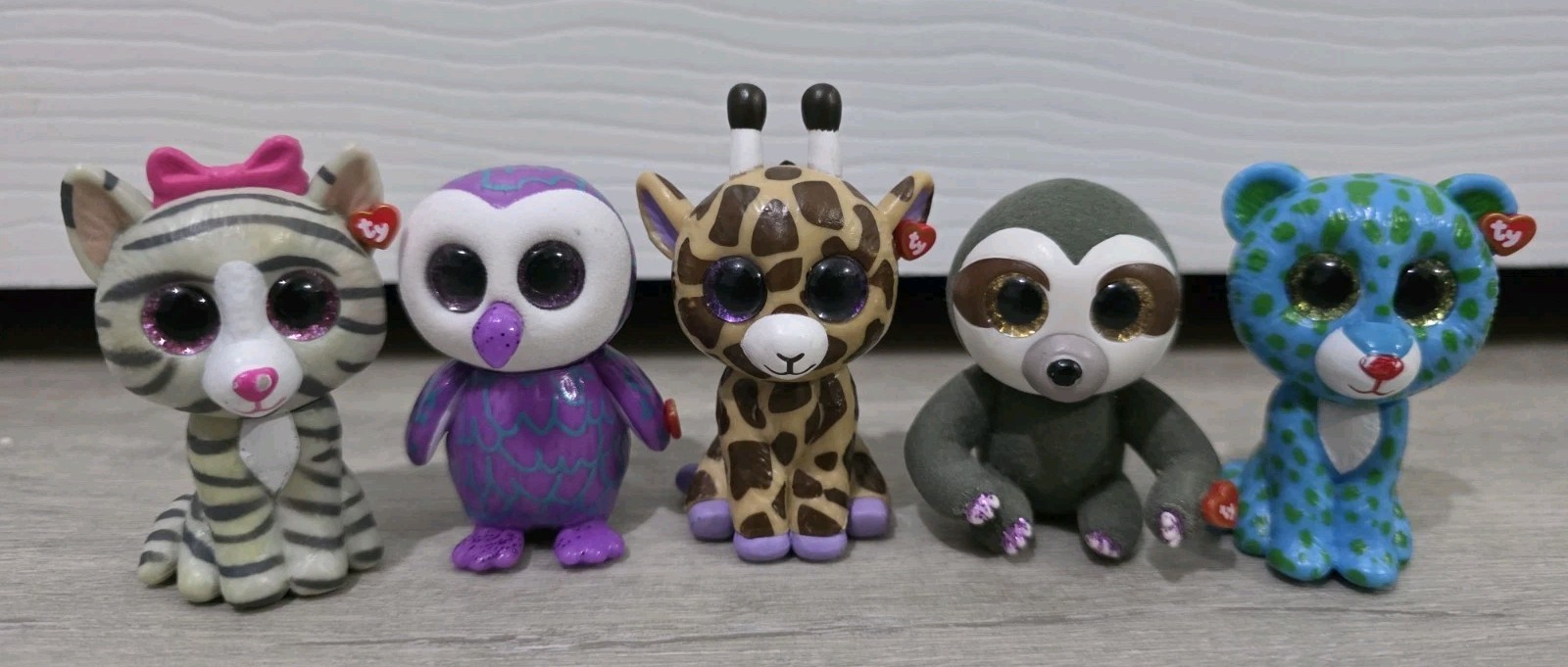 5 x TY MINI BOOS FIGURES dangler sloth SAFARI THE GIRAFFE leona leopard OWL cat
