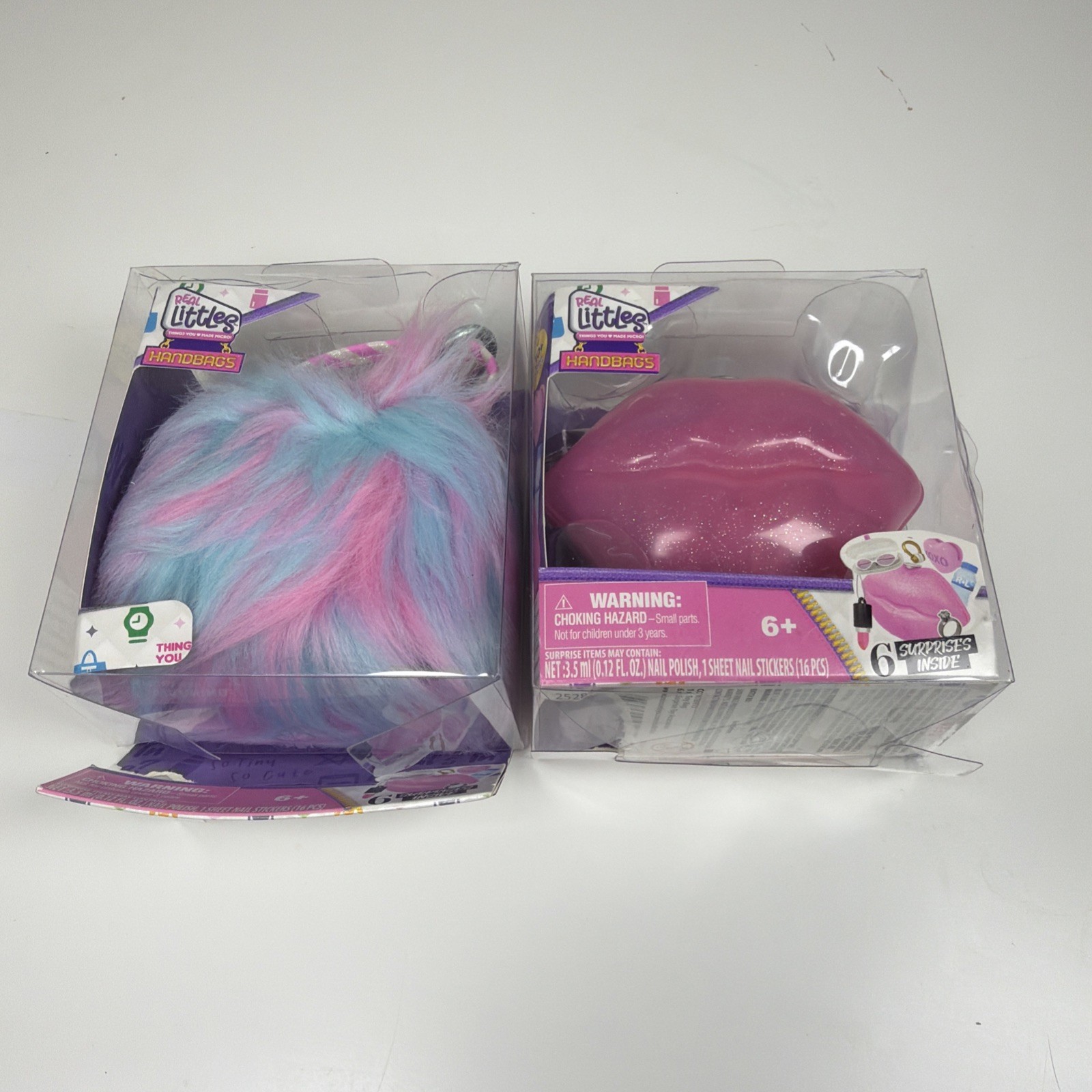 Set 2 borse Shopkins Real Littles Lips rosa e blu sfocate borsa 6 sorprese