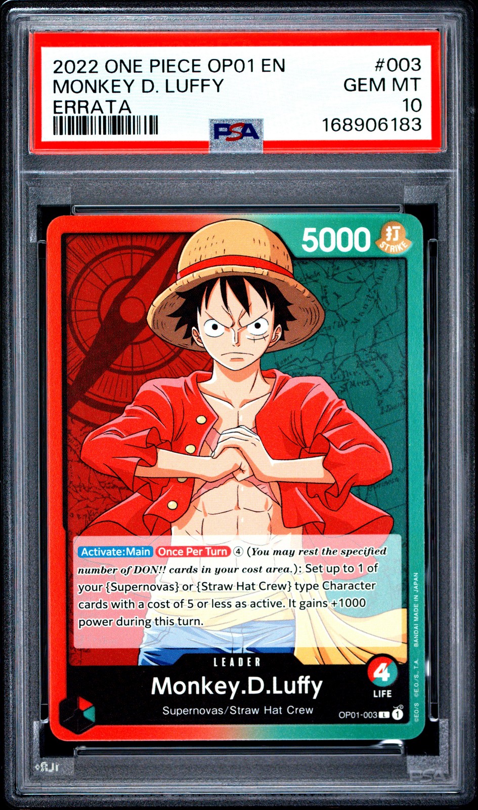 2022 ONE PIECE OP01-ROMANCE DAWN ERRATA #003 MONKEY D. LUFFY PSA 10