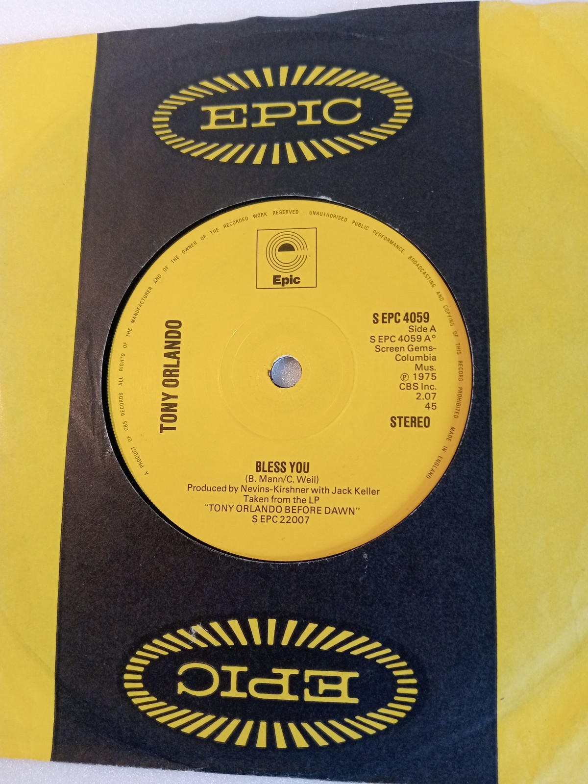 Tony Orlando - Bless You/Dream Lover (Epic EPC 4059) VG+ Vinyl Record 7"