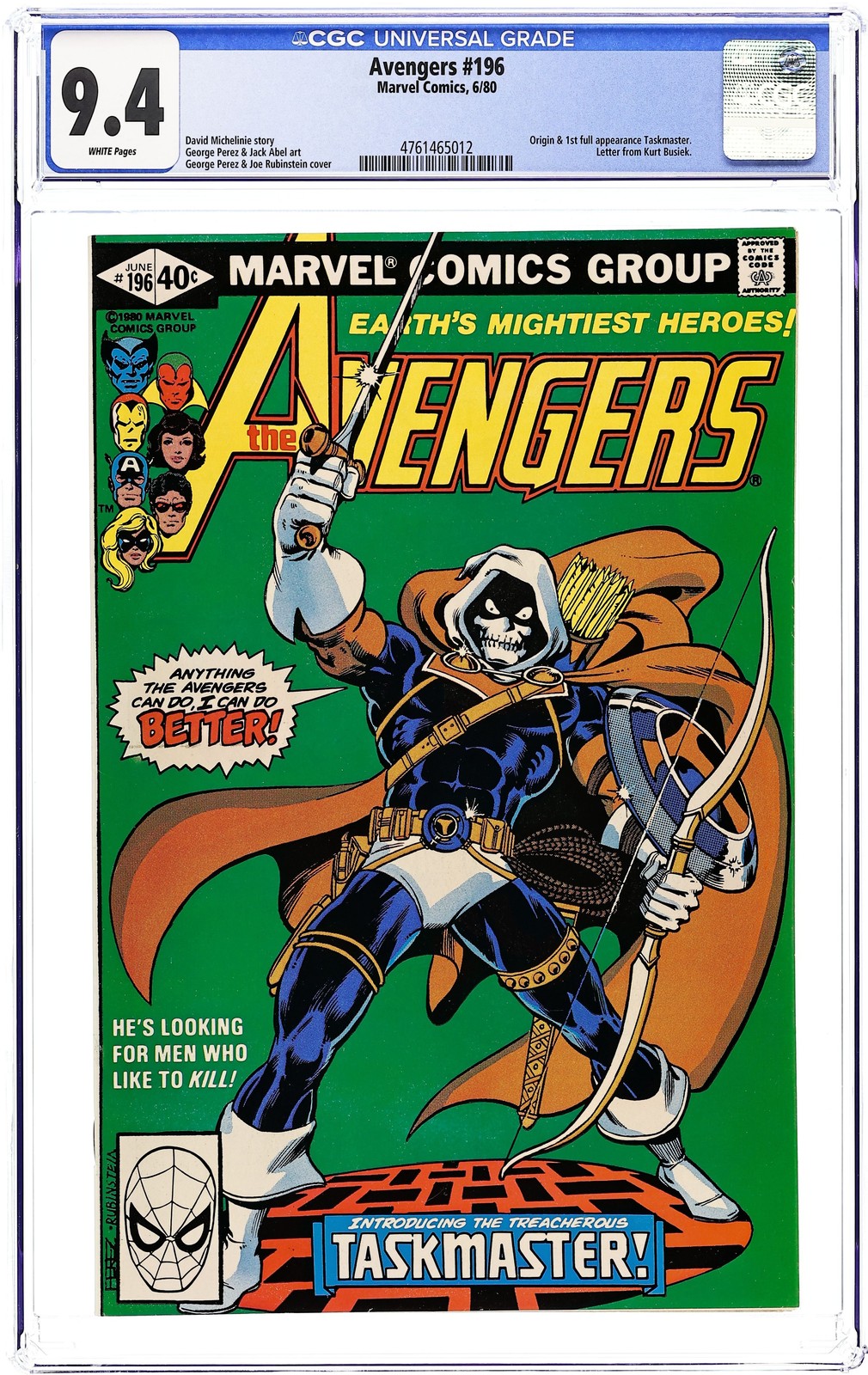 Avengers 196D CGC 9.4 1980 4761465012 1° app completa. Taskmaster