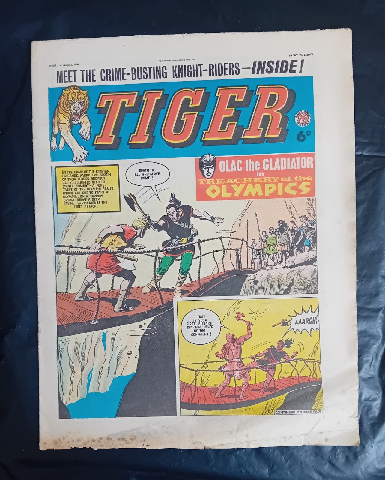 Tiger comic 1st August 1964. Roy of The Rovers/Olac the Gladiator. GD/VG