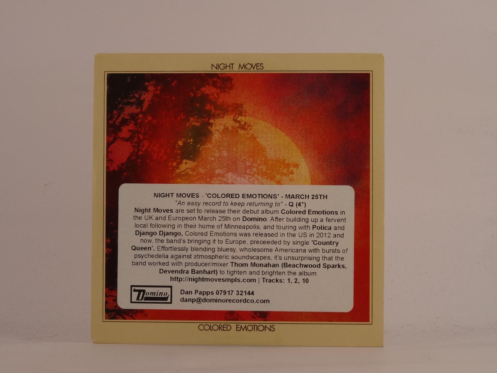 NIGHT MOVES COLORED EMOTIONS (482) 10 Track Promo CD Album including Card Sleeve