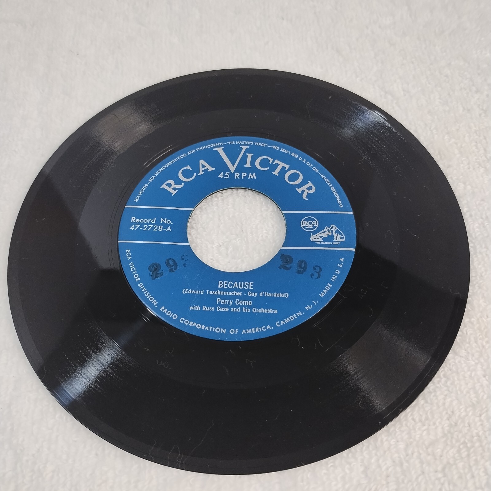 Perry Como 45 RPM Because / if You Had All the World and It’s Gold Record Vinyl