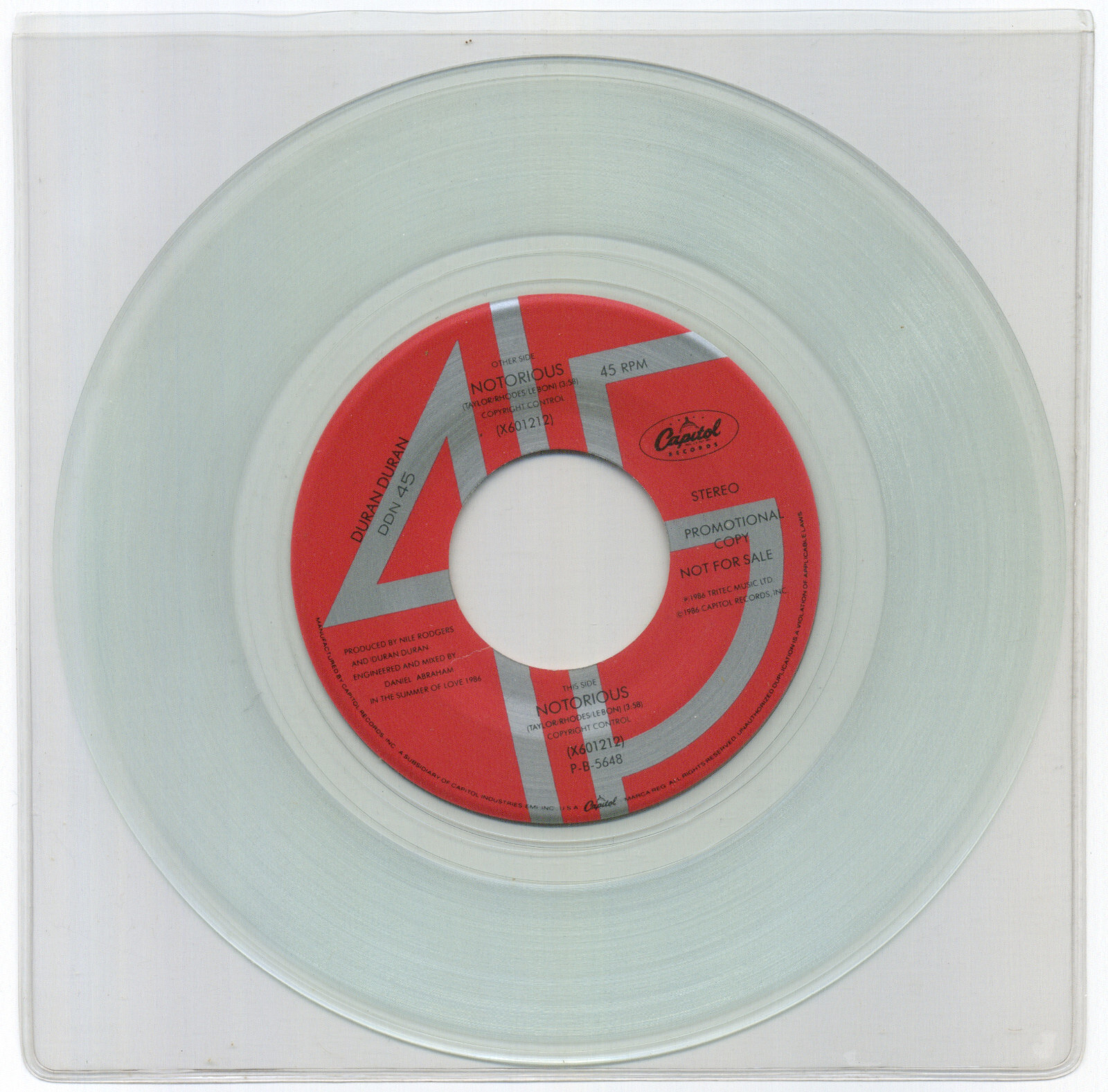 DURAN DURAN Notorious; 1986 Promo 45 7" Clear Vinyl Record Capitol