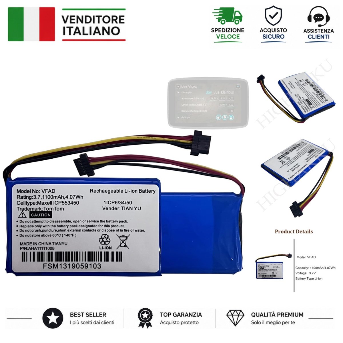 Batteria Polimero di Litio per Navigatori TomTom Go - Dimensioni Compatte