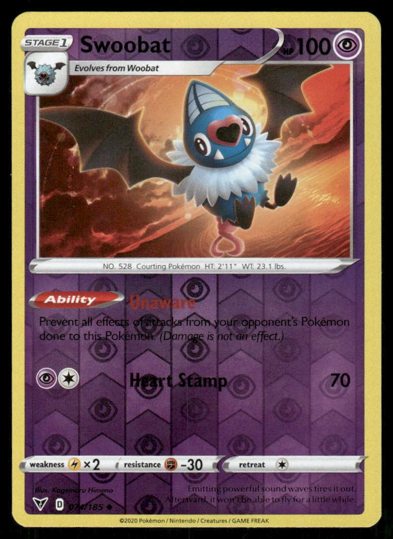 POKEMON SWOOBAT TENSIONE VIVIDA 074/185 REVERSE HOLO UC LP