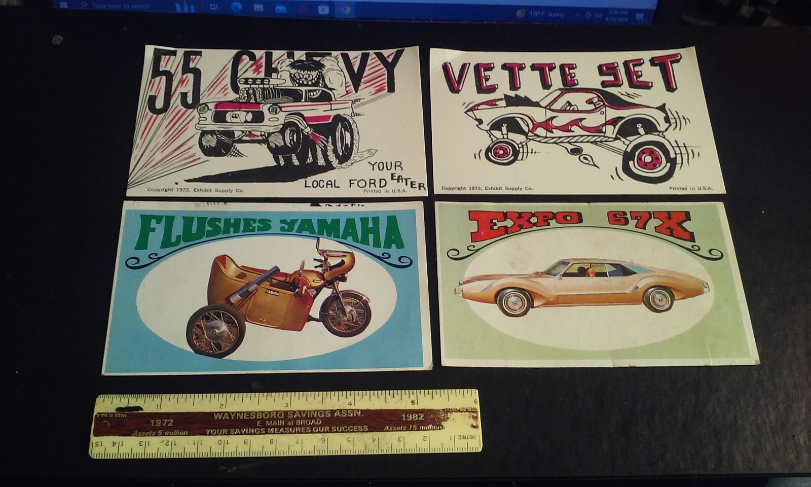 Lot 4 unusual CAR Color Art Cards - Way-Out Wheels & Exhibit Supply 1970's