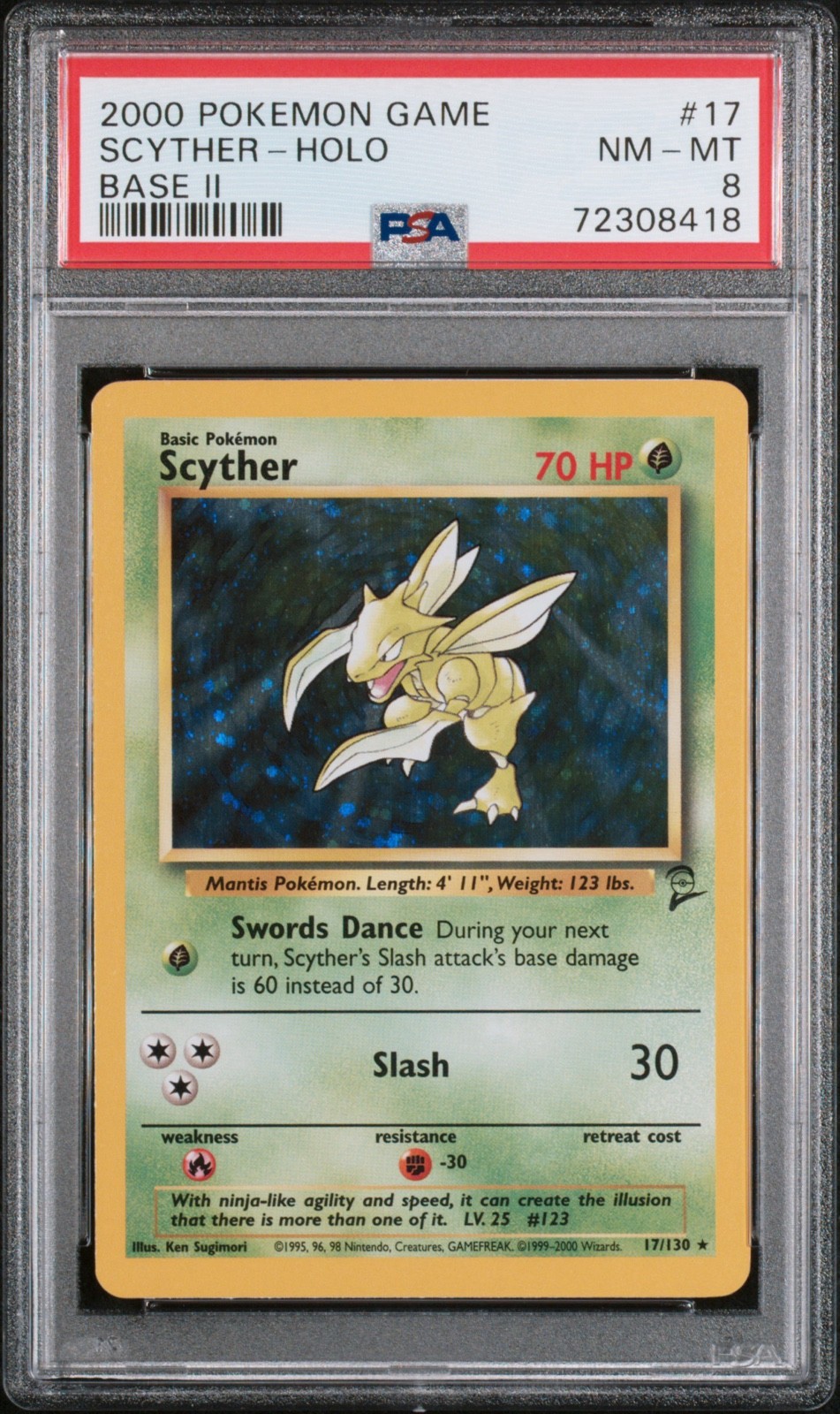 Scyther 017/130 2000 Pokémon Base Set 2 Holo PSA 8