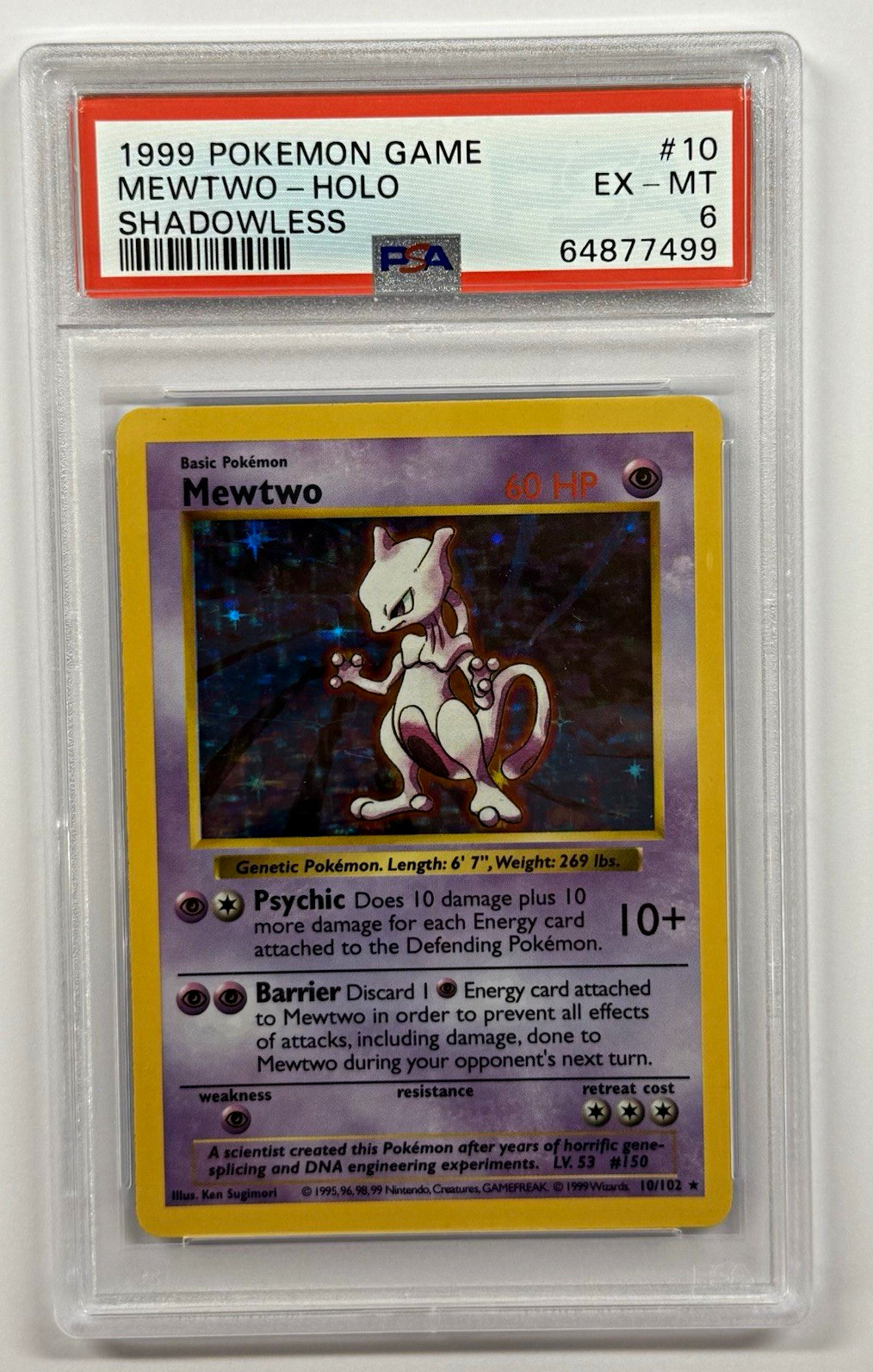1999 Pokemon Base Set Mewtwo #10/102 Shadowless Holo PSA 6 Vintage WOTC