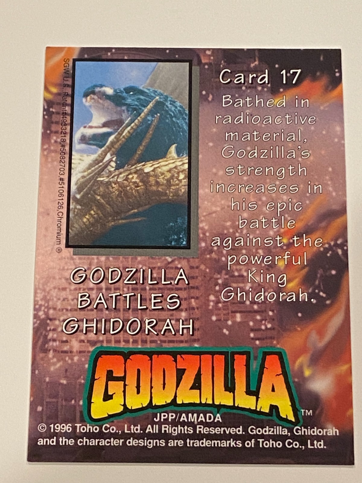 1996 TOHO - Godzilla BATTLES CHIDORAH #17 - JPP/Amada Godzilla cromo ~ come nuovo