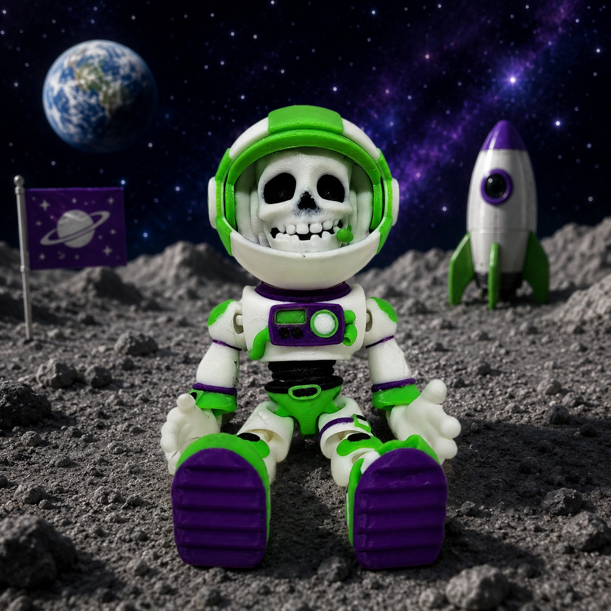 Modellino astronauta scheletro Flexi Factory multicolore con casco rotto