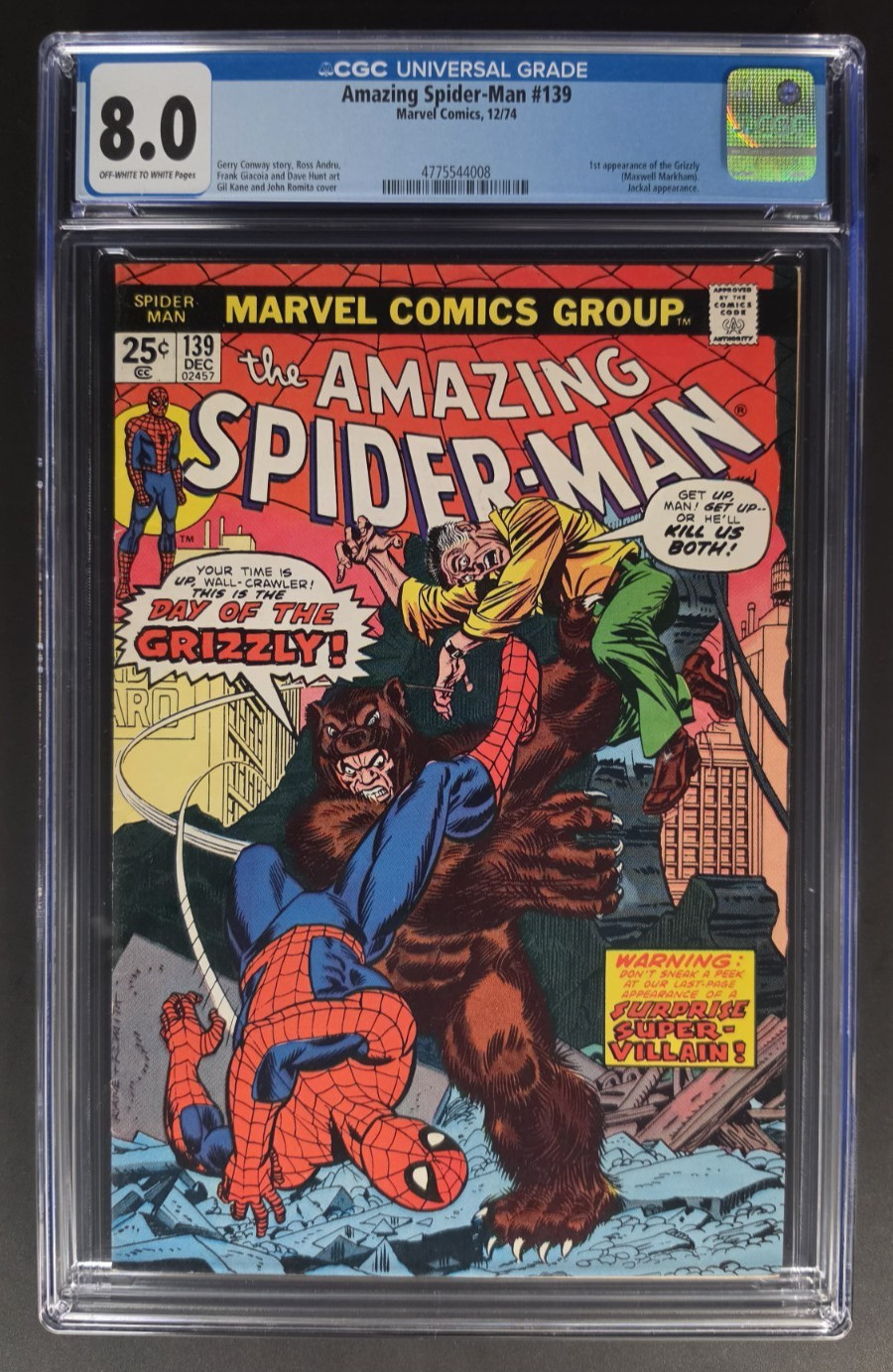 AMAZING SPIDER-MAN #139 CGC 8.0 1°a apparizione GRIZZLY 1974 copertina Gil Kane