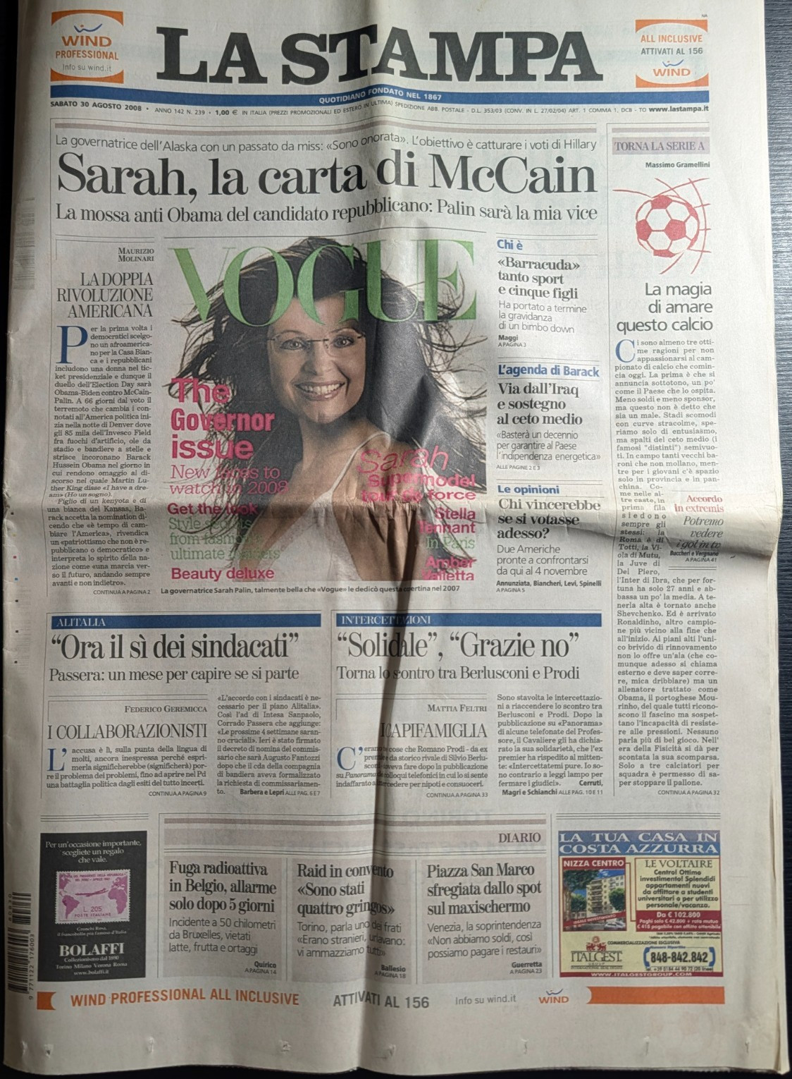 La Stampa 30 Ago 2008 n.239 Sarah Palin McCain Obama Berlusconi Mourinho calcio