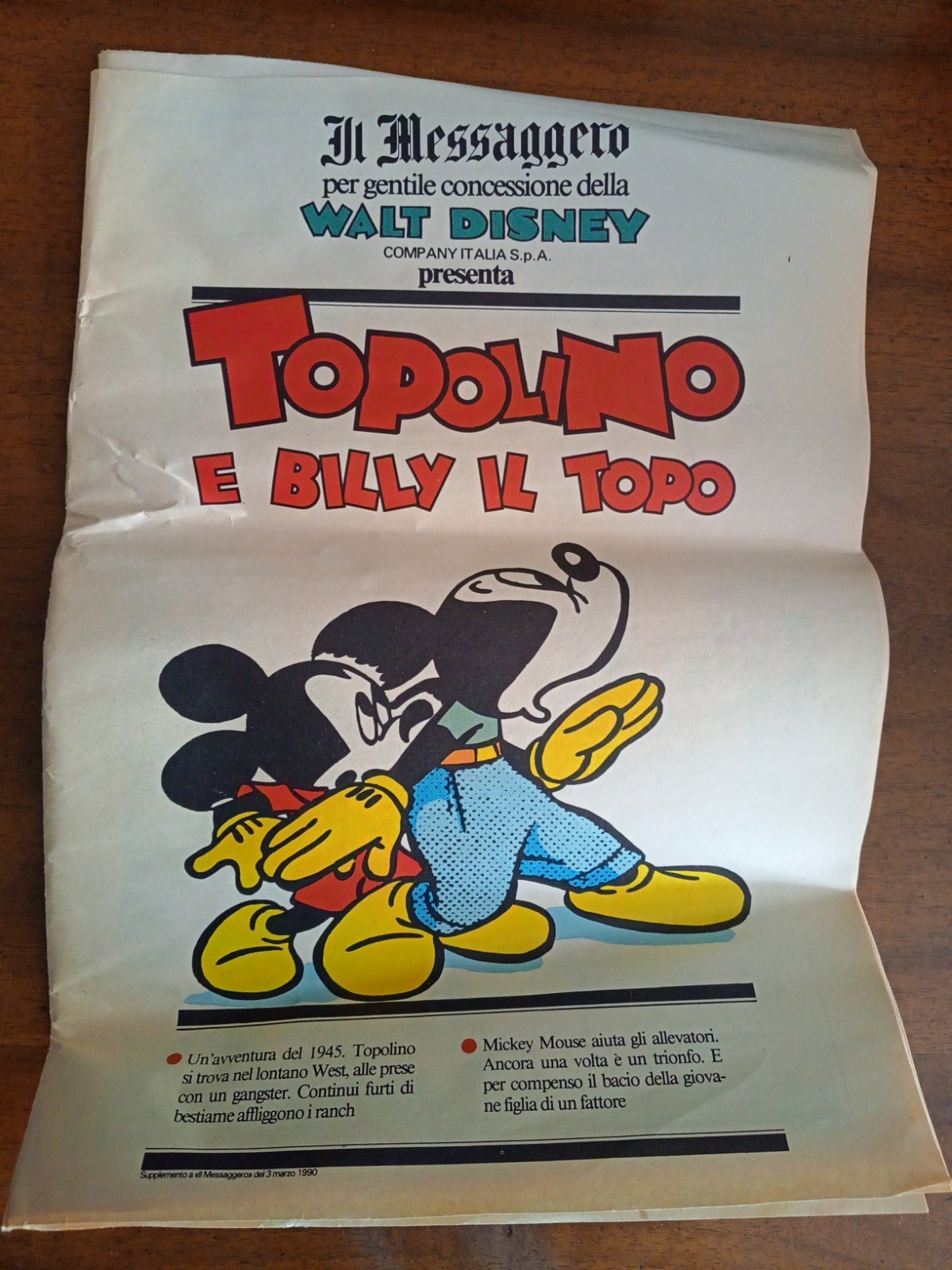 TOPOLINO E BILLY IL TOPO Supplemento Il Messaggero 3 Marzo 1990 Disney Vintage