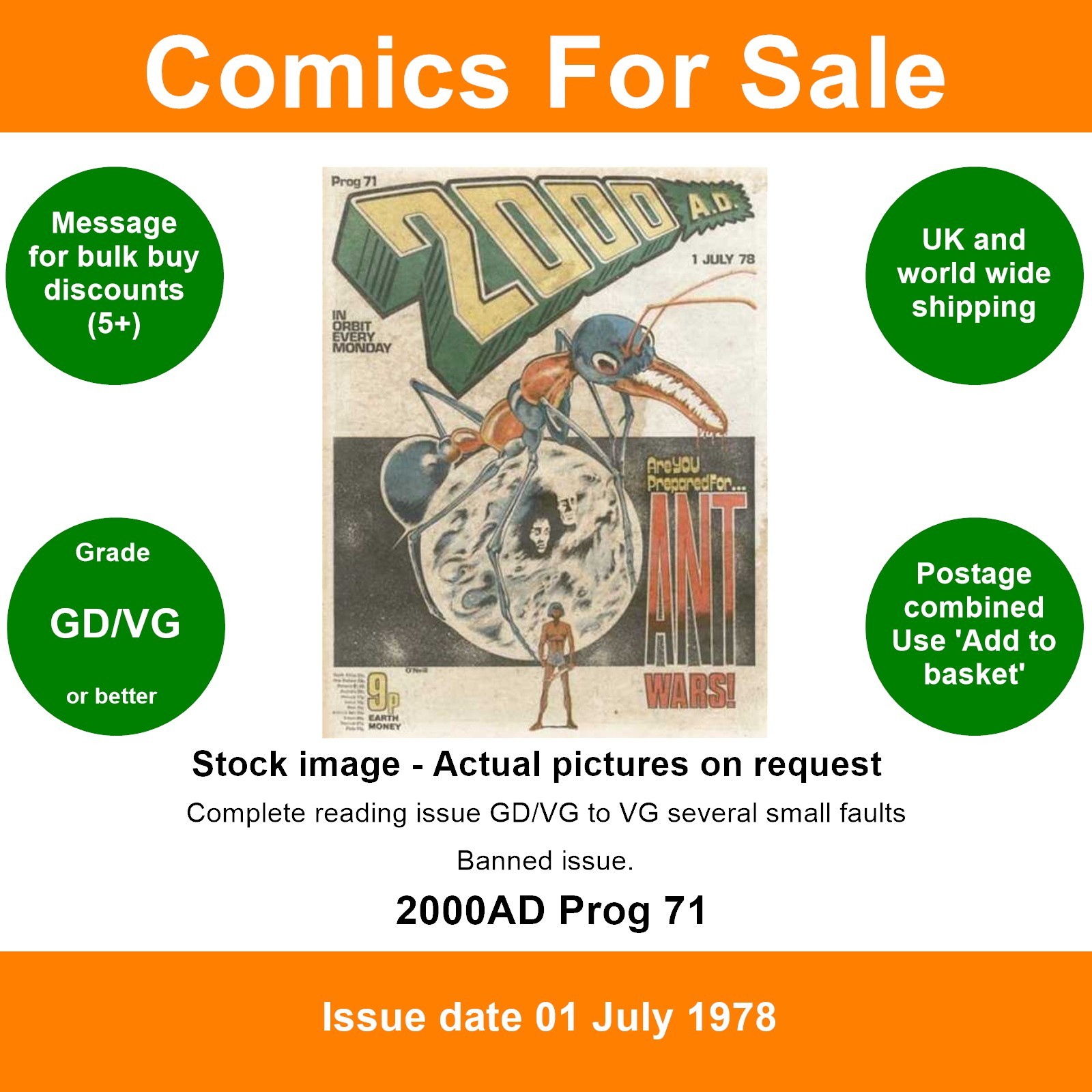 2000AD prog #71 comic - GD/VG - Banned issue - 01 July 1978