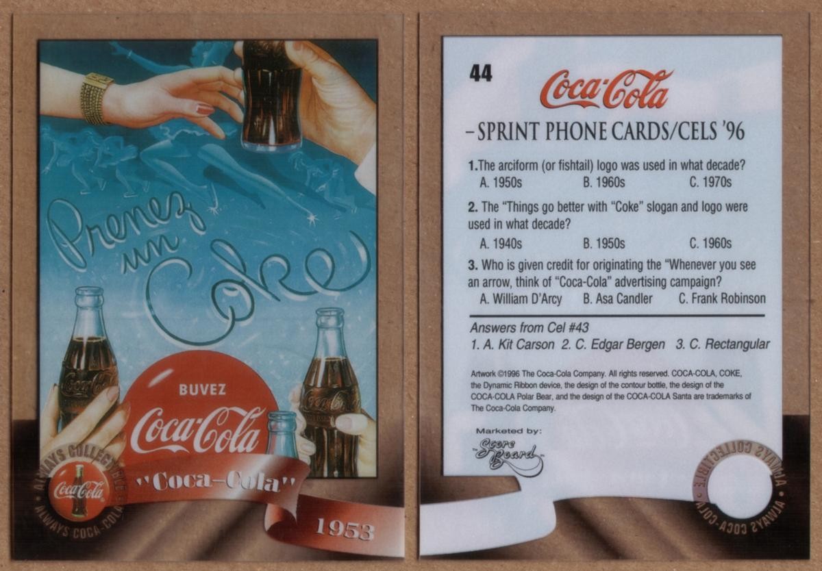 Coca-Cola 1996 CEL 2 mani con bottiglie 1953 Coca Cola Card #44 di 50 Trading Card