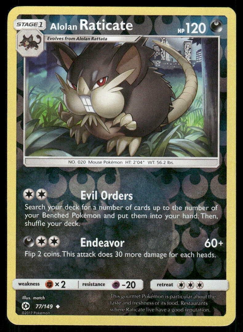 POKEMON ALOLAN RATICATE SM SET BASE 77/149 REVERSE HOLO UC LP