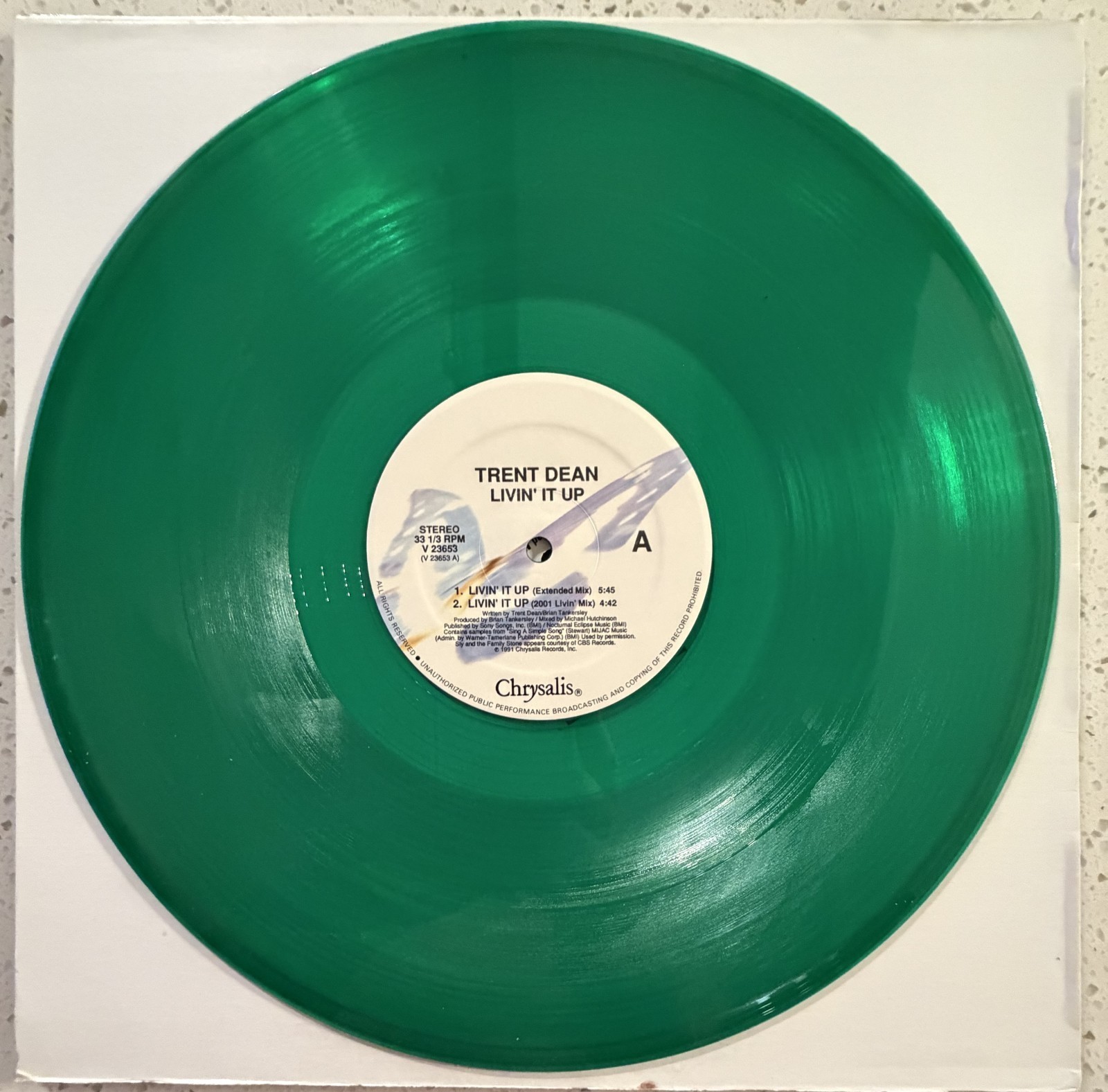 Trent Dean - Livin' It Up (Extended Mix) 12" Promo Chrysalis 1991 Green Vinyl
