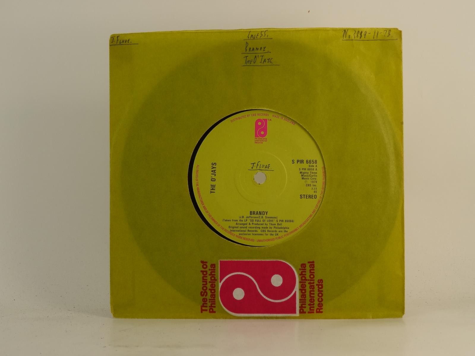 THE O'JAYS BRANDY (2) (73) 2 Track 7" Single plus Company Sleeve THE SOUND OF PH