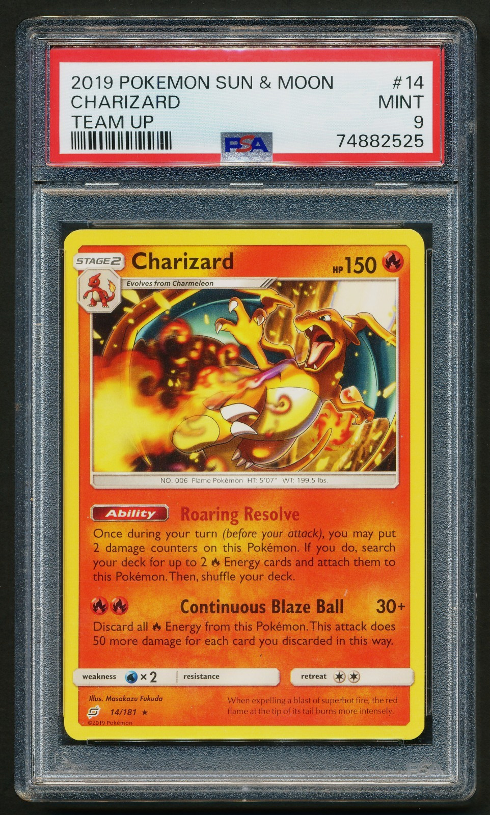 Charizard 14/181 Pokémon Raro 2019 S&M Team Up PSA 9 OTTIME CONDIZIONI