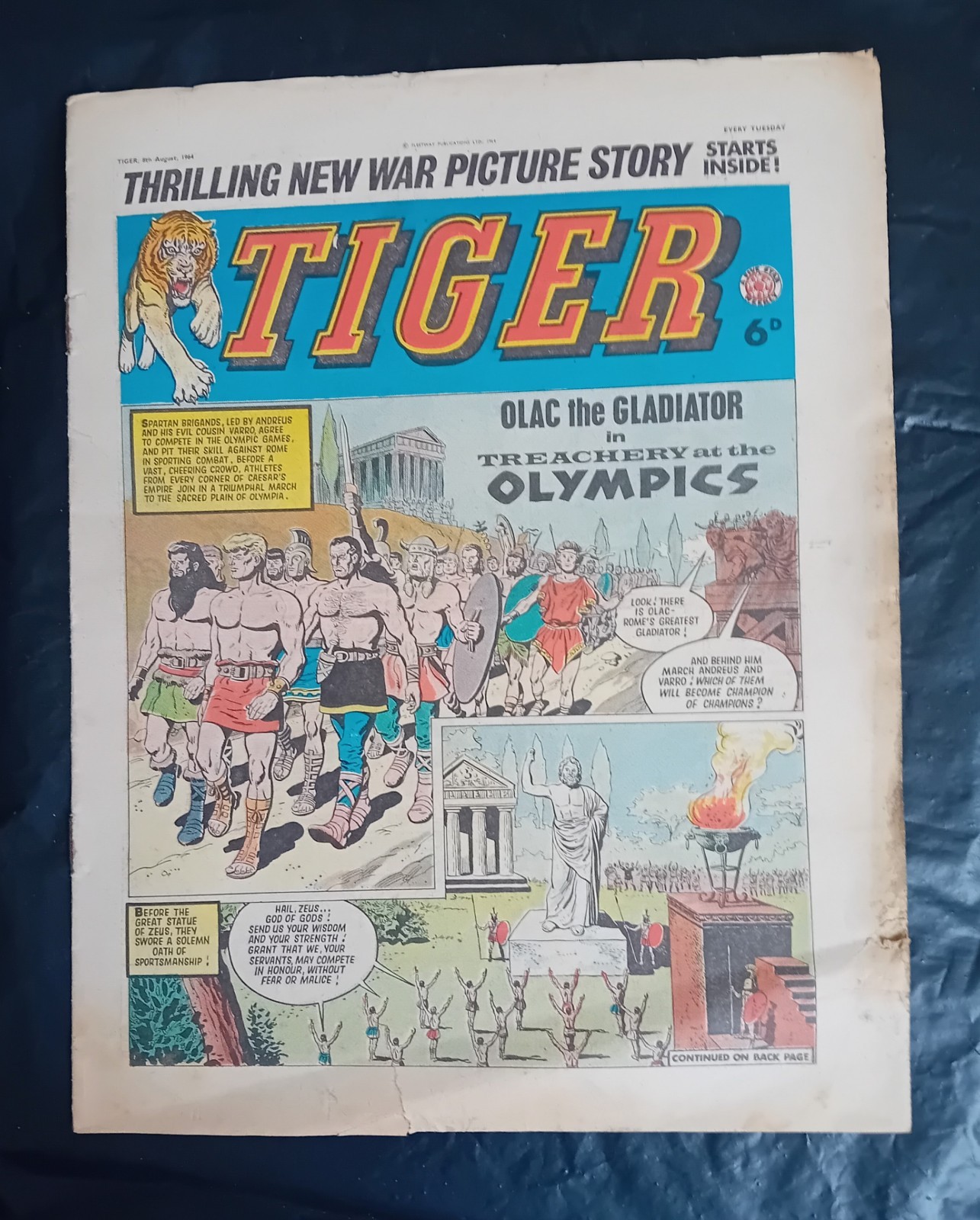 Tiger comic 8th August 1964. Roy of The Rovers/Olac the Gladiator. GD+