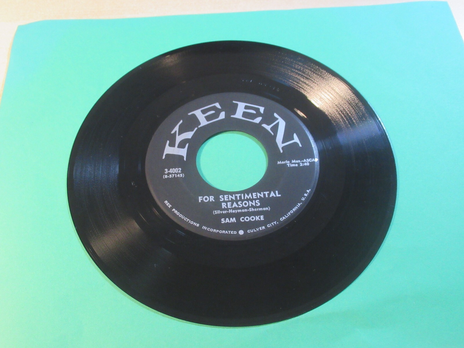 SAM COOKE FOR SENTIMENTAL REASONS 45 RPM KEEN 3-4002 FUNK SOUL 1957 HIGH GRADE