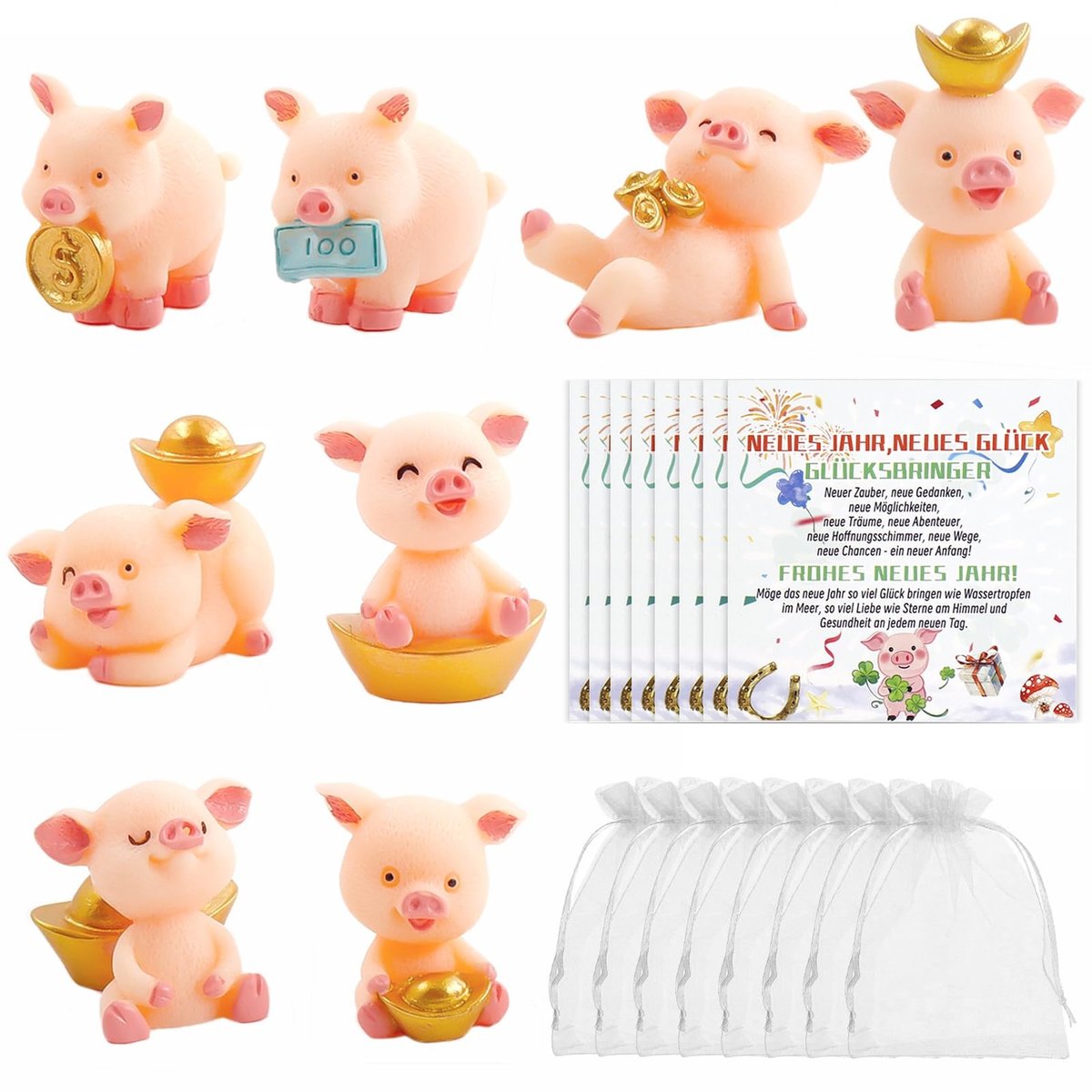 Statuette di Maialino Portafortuna + Biglietti Colore Rosa Set di 24