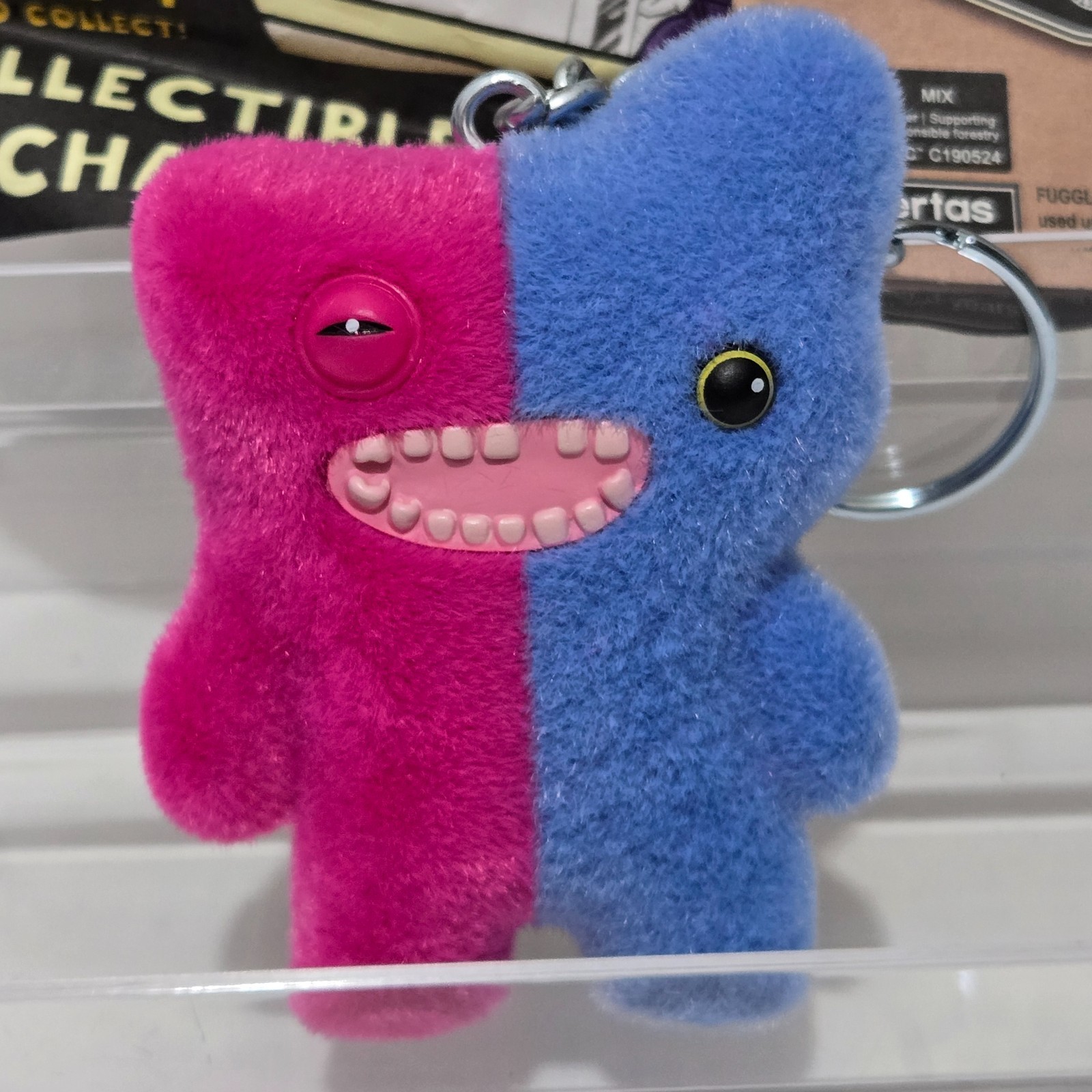 Portachiavi nuovo Fuggler serie 4 clip borsa Mr. Screech floccato blu/rosa portachiavi
