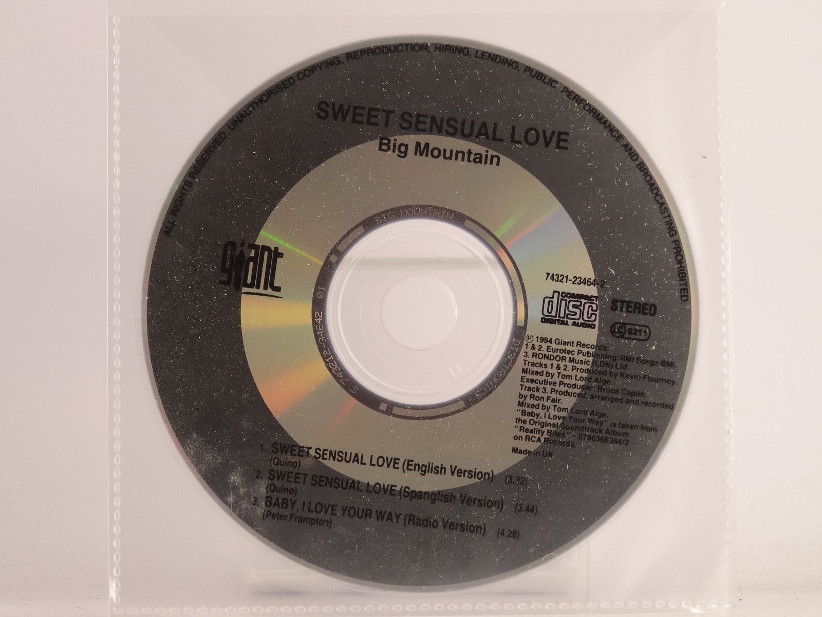 BIG MOUNTAIN SWEET SENSUAL LOVE (X5) 3 Track CD Single plus Plastic Sleeve GIANT