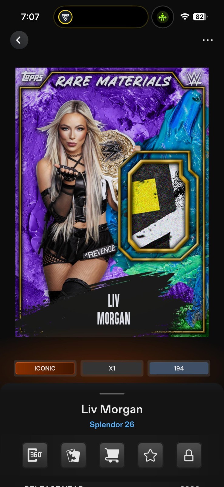 Carta digitale iconica Topps WWE Slam 2026 Splendor Ametista materiali rari reliquia